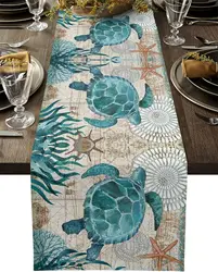 Nautical Sea Turtle Starfish Linen Table Runners Dresser Scarves Table Decor Farmhouse Kitchen Table Runners Party Decorations