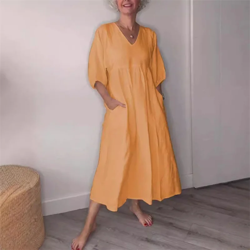 Spring Summer Cotton Linen Double Pockets Dresses Women Casual Loose Splicing Pleated Hem Dress Female Solid Color V Neck Gown