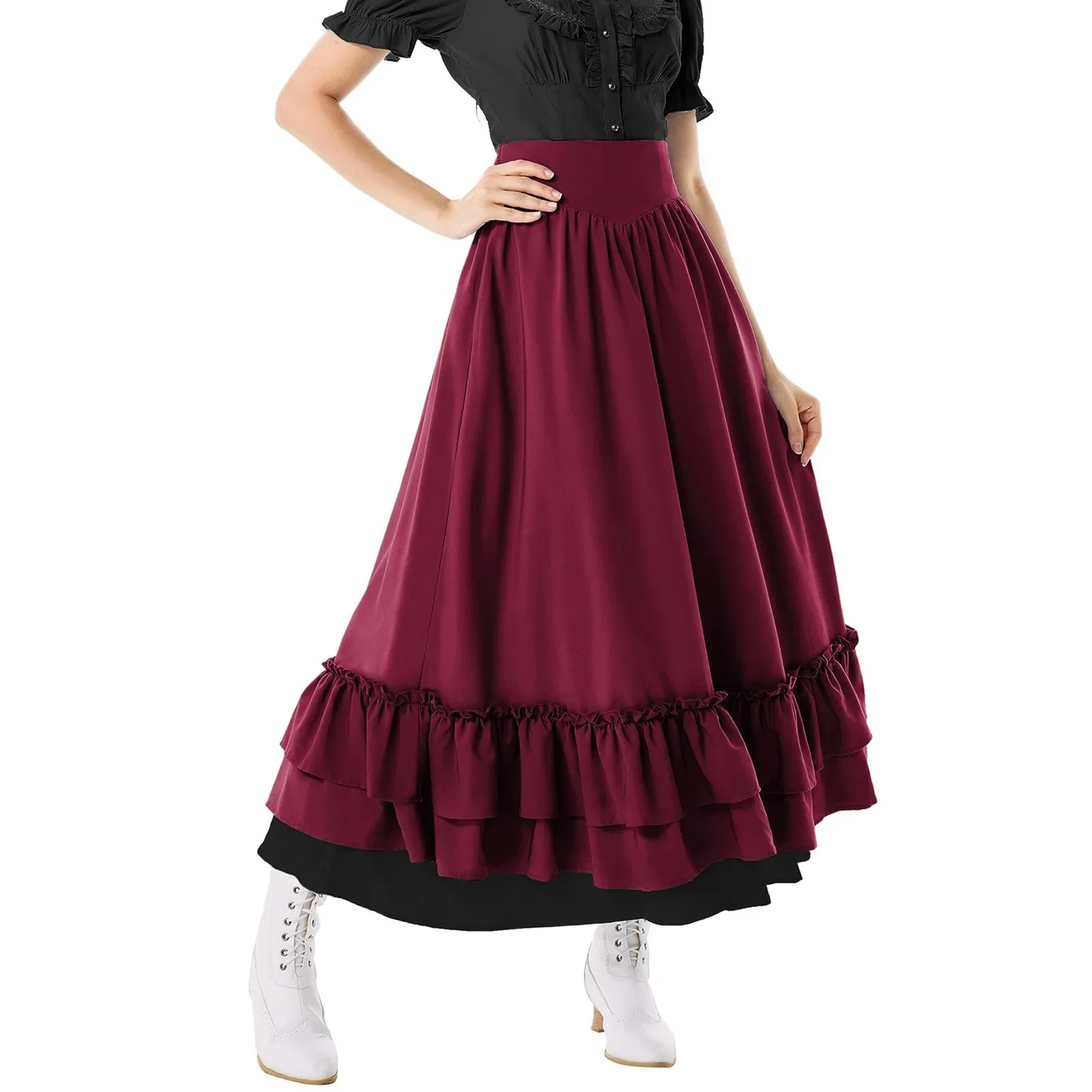 Retro Medieval Skirts Women Vintage Renaissance Victorian Ruffled Hem A-Line Skirts Cosplay Costumes High Waist Maxi Skirt