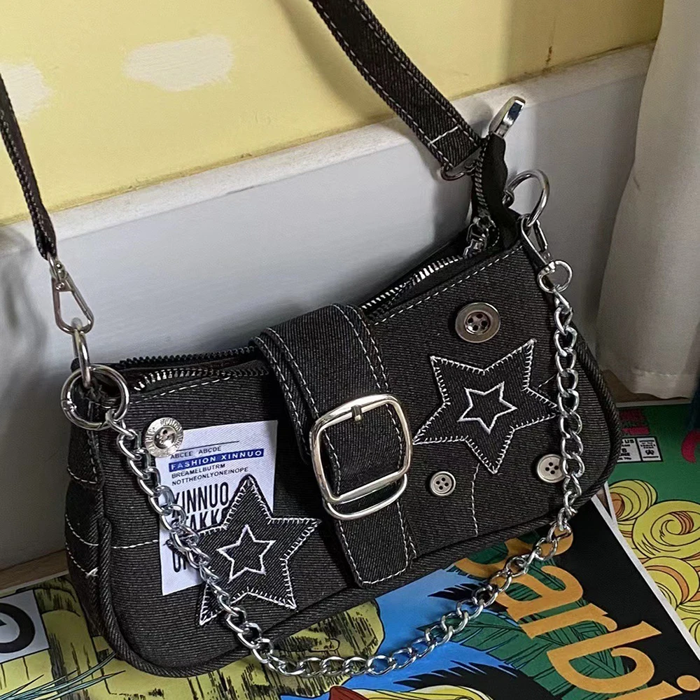 Y2k Sterne Muster Mode Damen handtaschen coole Mädchen Achsel Tasche Mode Leinwand weibliche kleine Umhängetaschen Kette Tragetaschen Geldbörsen