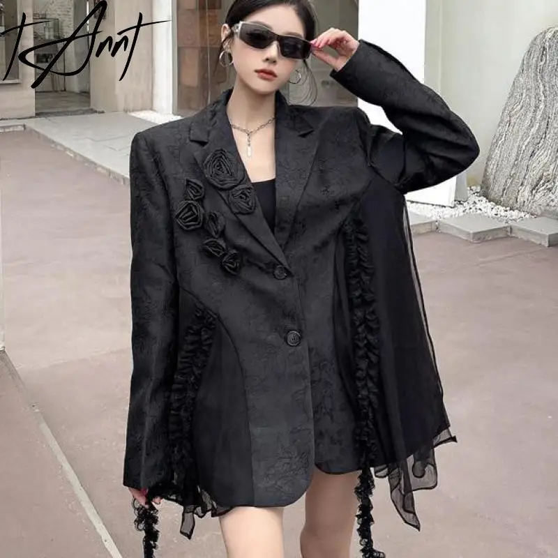 Tannt Women Blazer Irregular Mesh Patchwork Flower Vintage Black Blazer Jacket Asymmetry Fashion Casual Suit Coats Women 2025