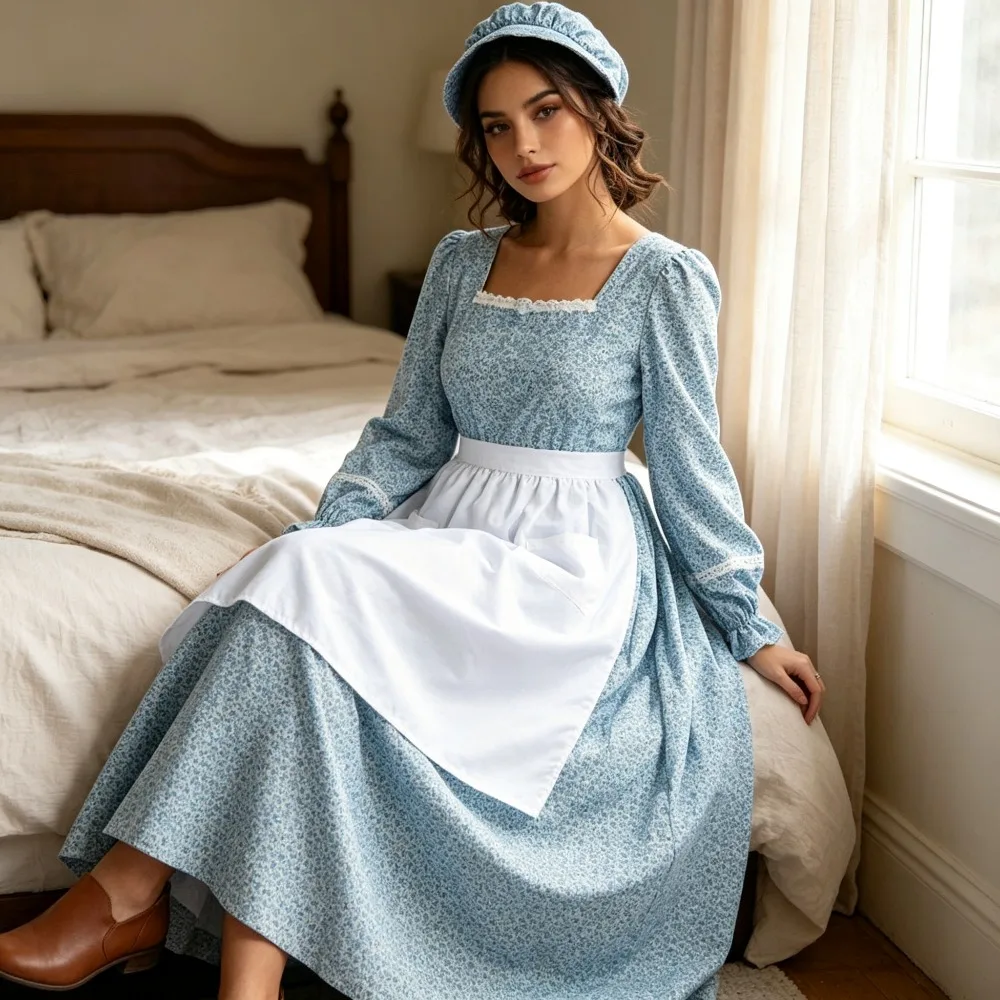 Floral Square Neck Prairie Dress, American Colonial Pioneer Civil War Vintage Costume, Halloween Historical Theme Party Dress Up