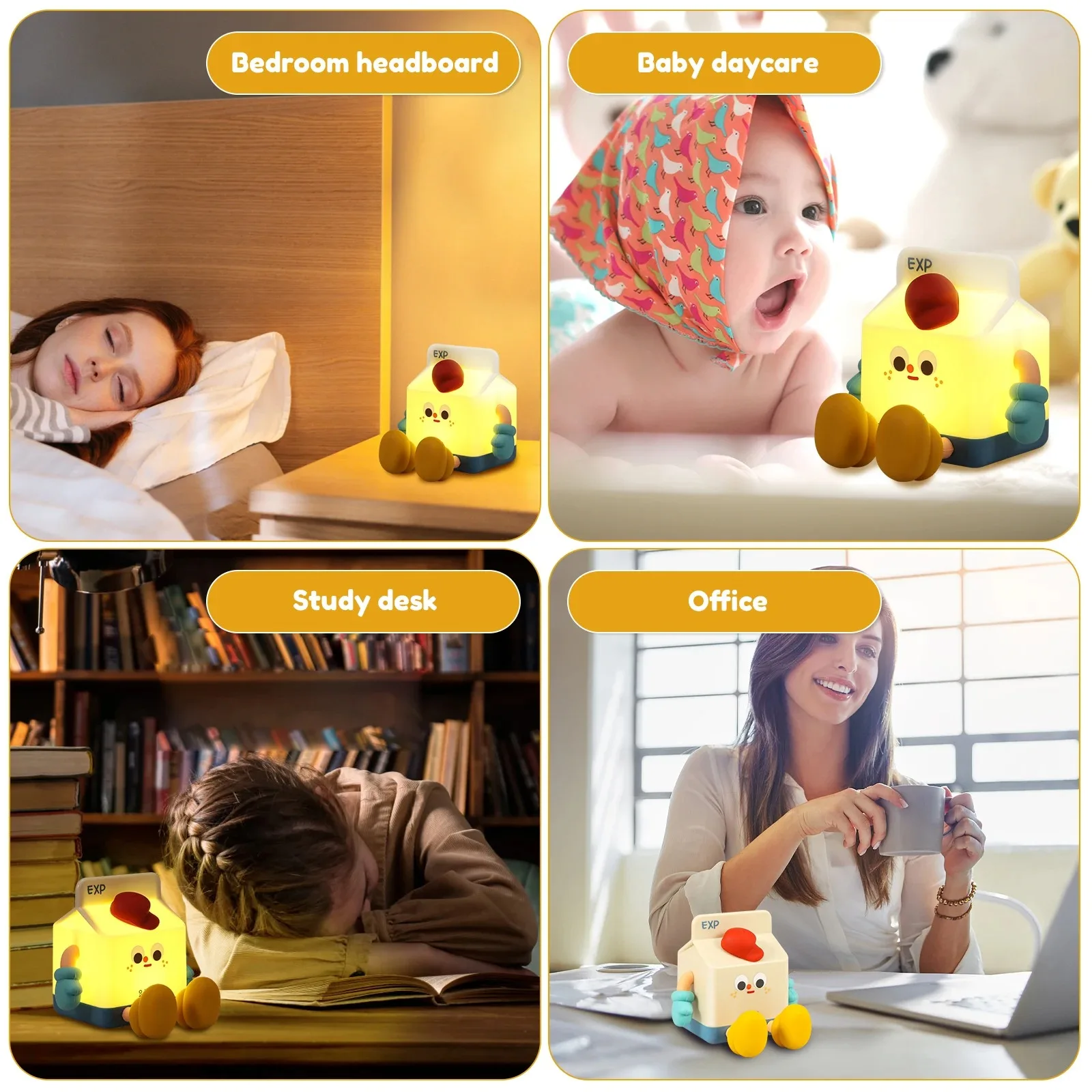 Veilleuse de boîte à lait de dessin animé pour enfants, aste par USB, lampe tactile en silicone, cadeau de chevet, lumière d'ambiance de pépinière, 3 temps de recyclage