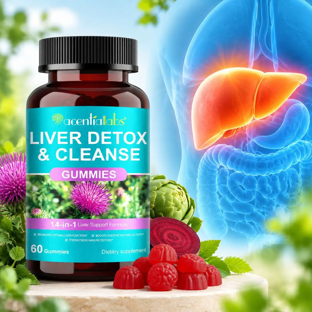 Liver Detox Cleanse Gummies Promote Liver Health &Boost Digestion Strengthen Immunity Milk Thistle 60pcs for Fatty Liver Support