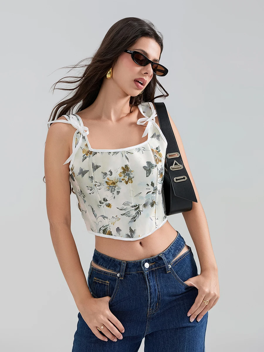 Dames Crop Hemdje Bloemenprint Vierkante Hals Stropdas Rug Mouwloze Korset Tops Voor Feestclub