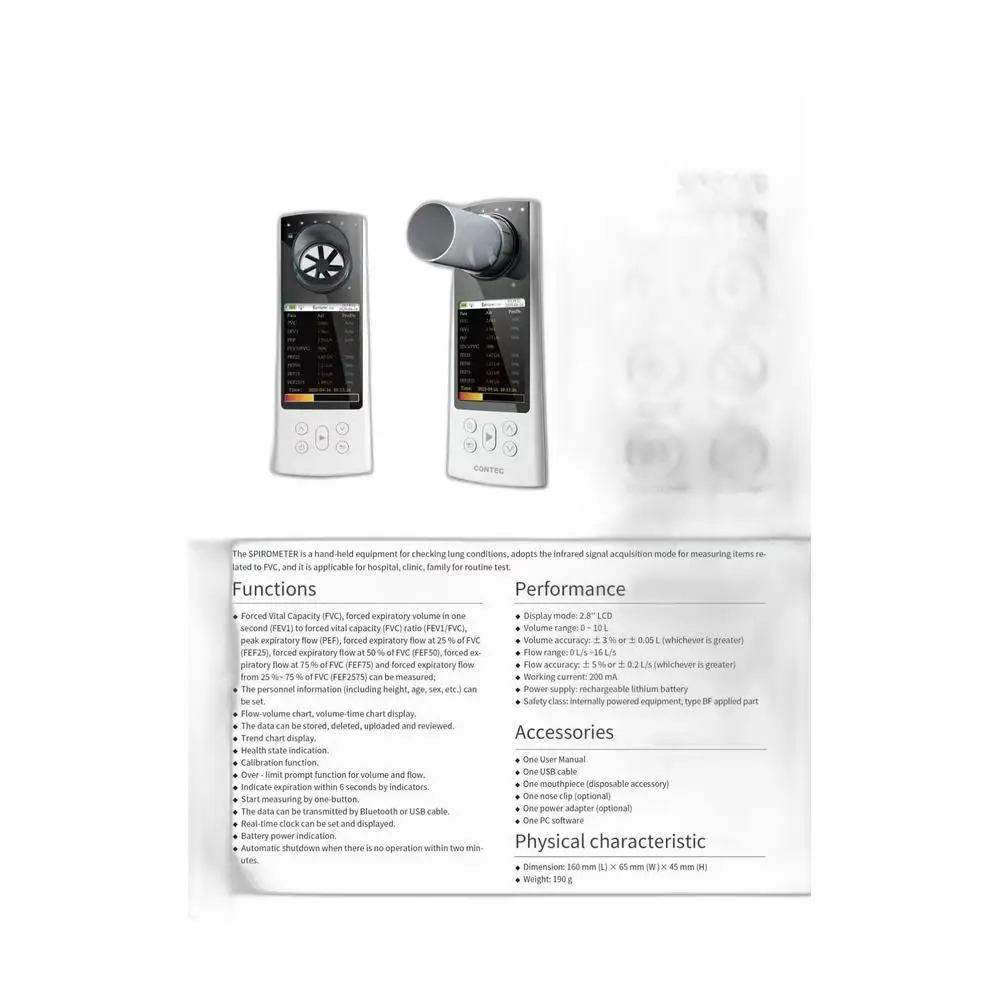 Digital Spirometer SP80B, 2.8 Inch Color Screen, FVC FEV1 PEF Lung Function, Bluetooth USB, 2200mAh Battery