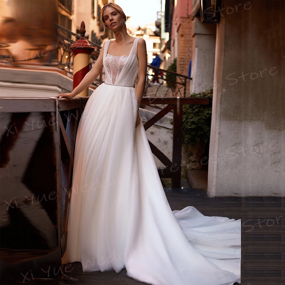 Vestido De novia sencillo y moderno para mujer, traje De novia con cuello cuadrado, sin mangas, espalda descubierta y lentejuelas