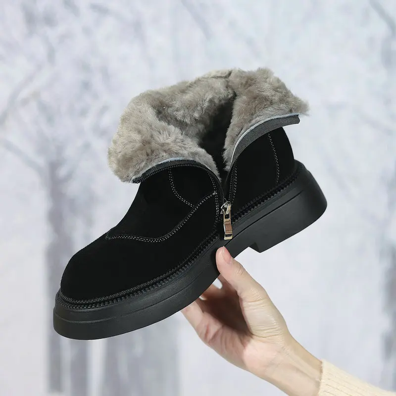 2025 Newly Released Winter Fur Integrated Women's Boots Warm Outdoor Ankle Boots 100% Leather Cow Shoes Snow Boots