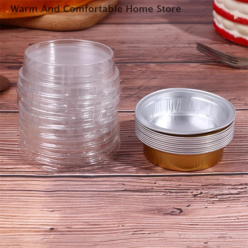 【SE】10Pcs 35ml Round Aluminum Foil Baking Mini Cake Pan Baked Pudding Baked Cheese Mousse Muffin Puff Cup Cake With Plastic Lid