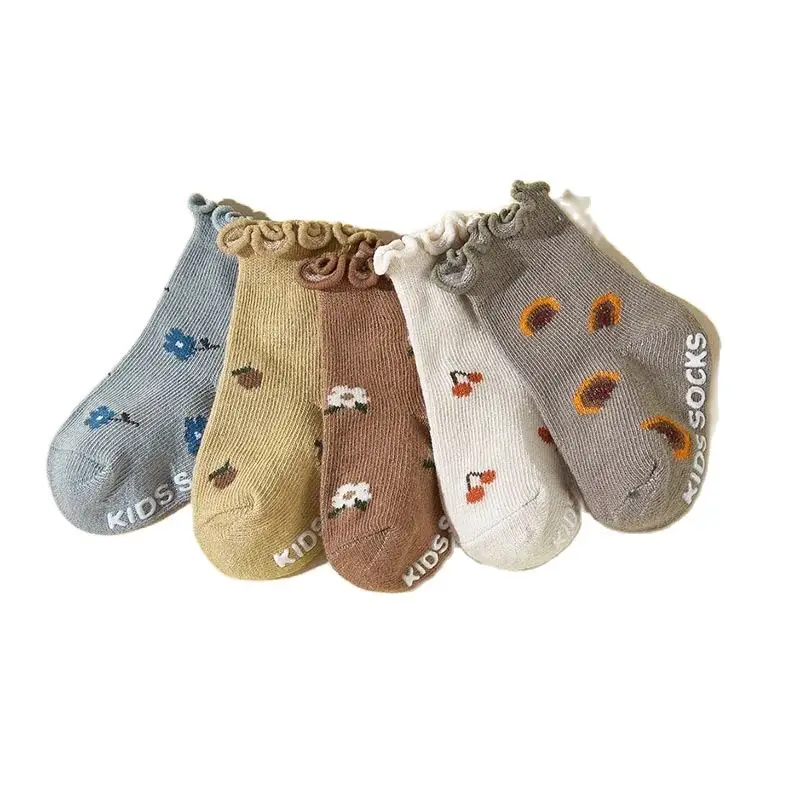 5 Pairs a Lot Flower Baby Socks Cute Cherry Printed Kids Girls Floor Socks Toddler Anti Slip Adhesive Socks