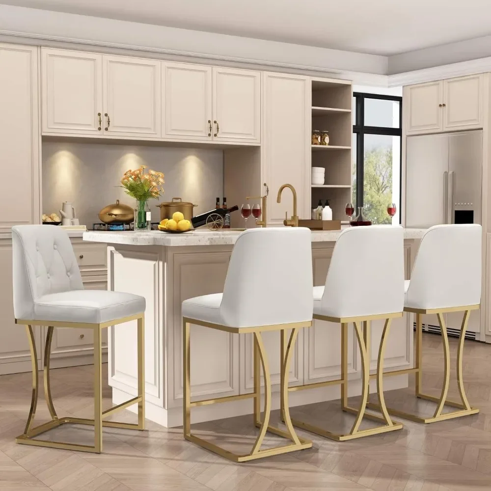 

Set of 4, White Bar Stools with Back and Gold Metal Frame, Upholstered PU Leather Counter Stool Chairs for Kitchen Island