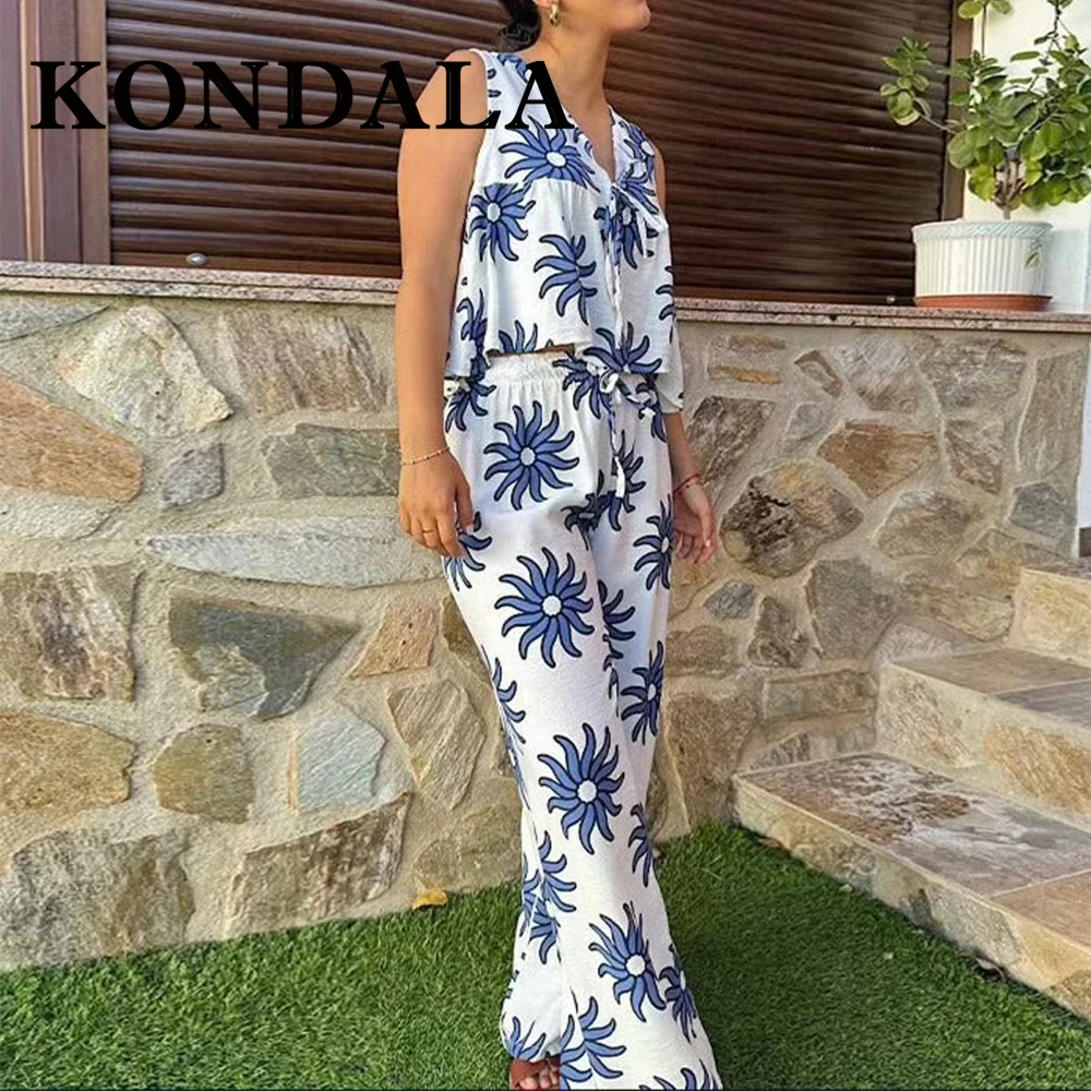 

KONDALA шикарный женский повседневный костюм с цветочным принтом, жилет на шнуровке с круглым вырезом + карманы с эластичной резинкой на талии, длинные брюки, модный праздничный женский комплект 2025 г.