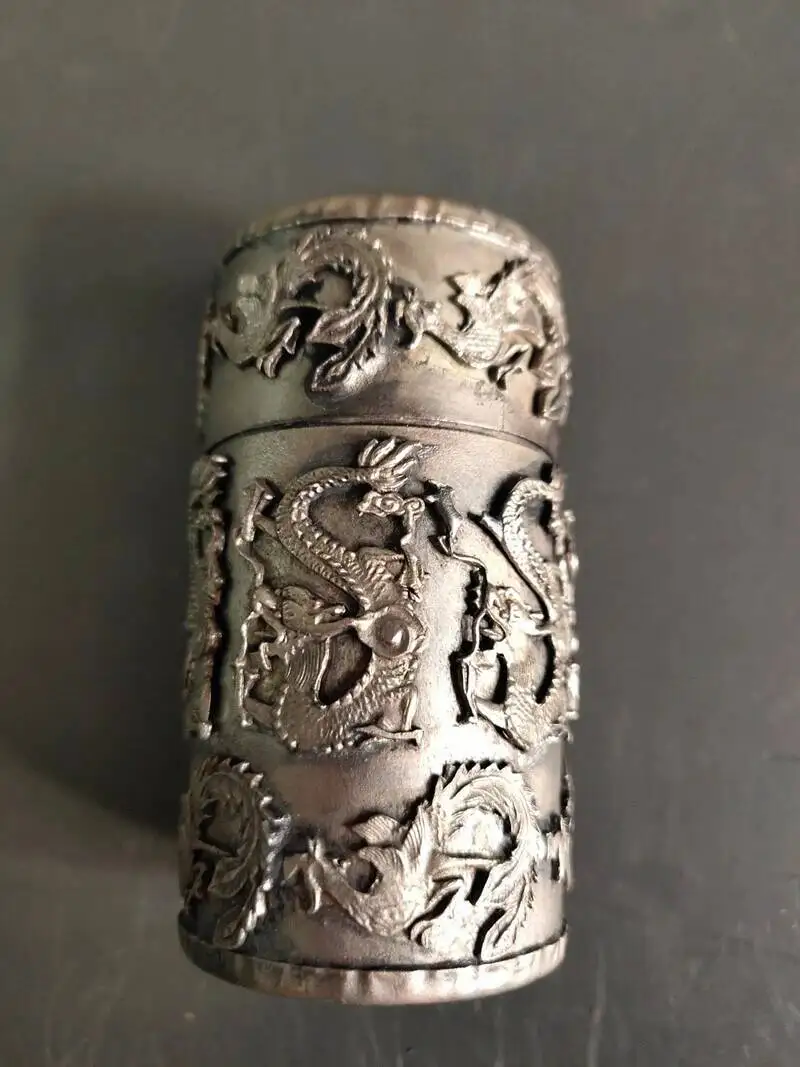 Exquisite Old Chinese Tibet Silver Handcarved Dragon Tooth Thousand Box 8025