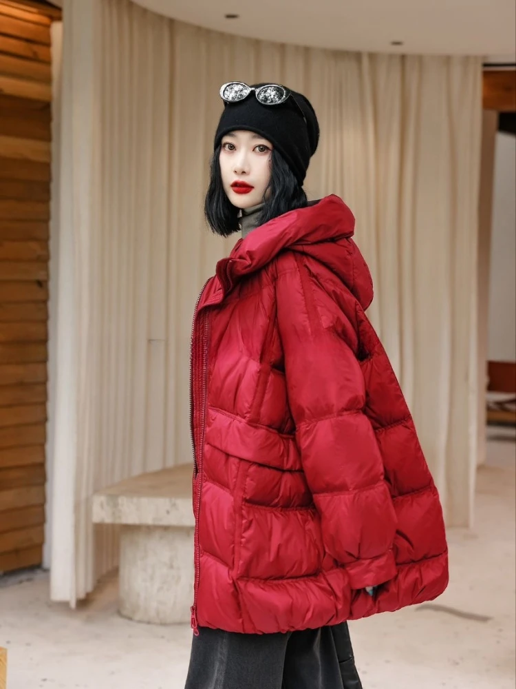 レディース90%ホワイトダックダウンジャケット 秋冬 フード付き 暖かい オーバーサイズ パファージャケット カジュアル ルーズ 厚手 パーカー アウター 2025年新作