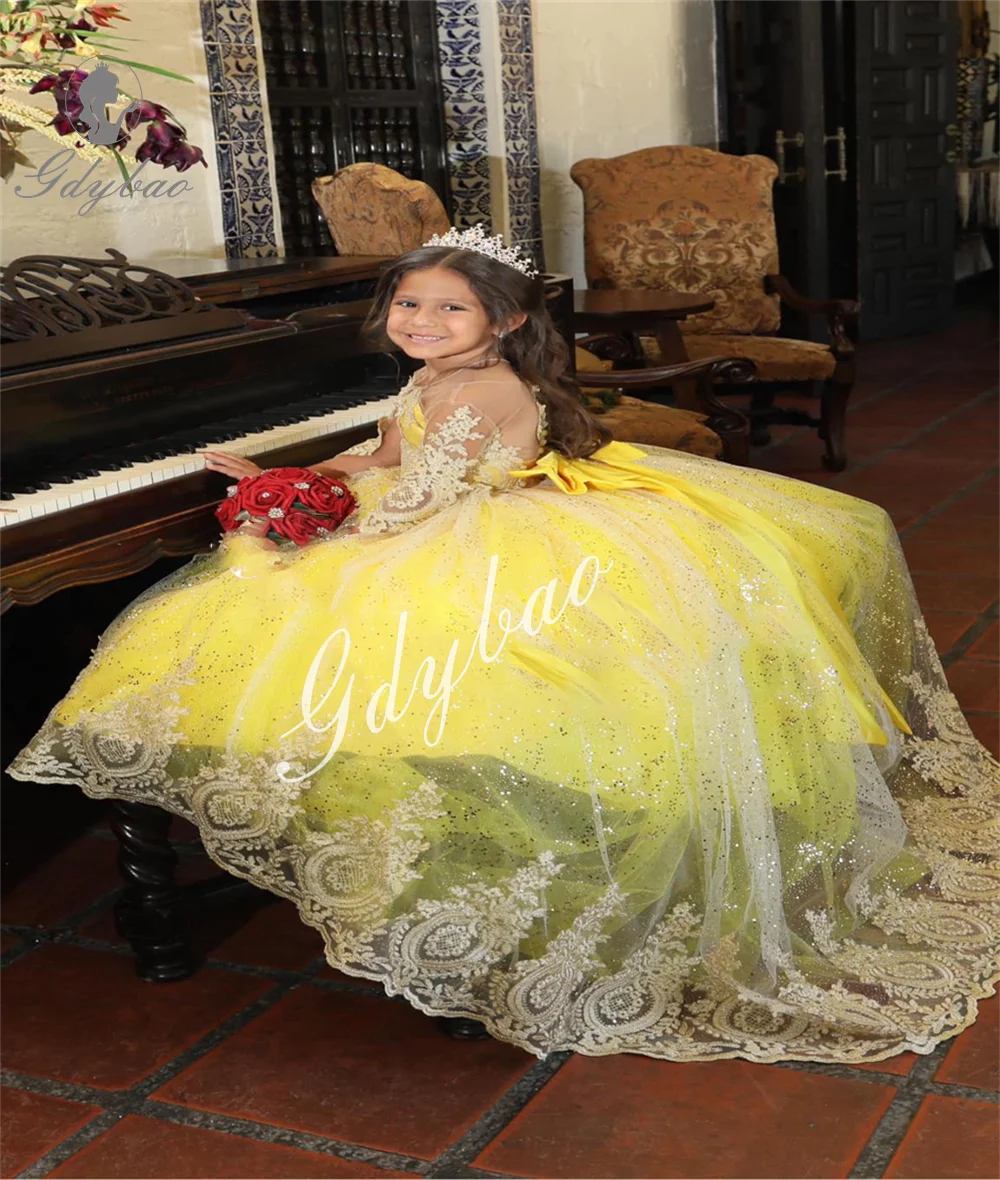 Yellow Girls Princess Dress 2025 Tulle Fluffy Flower Girl Dresses Lace Sparkling Communion Pageant Dress Custom Made Party Gown