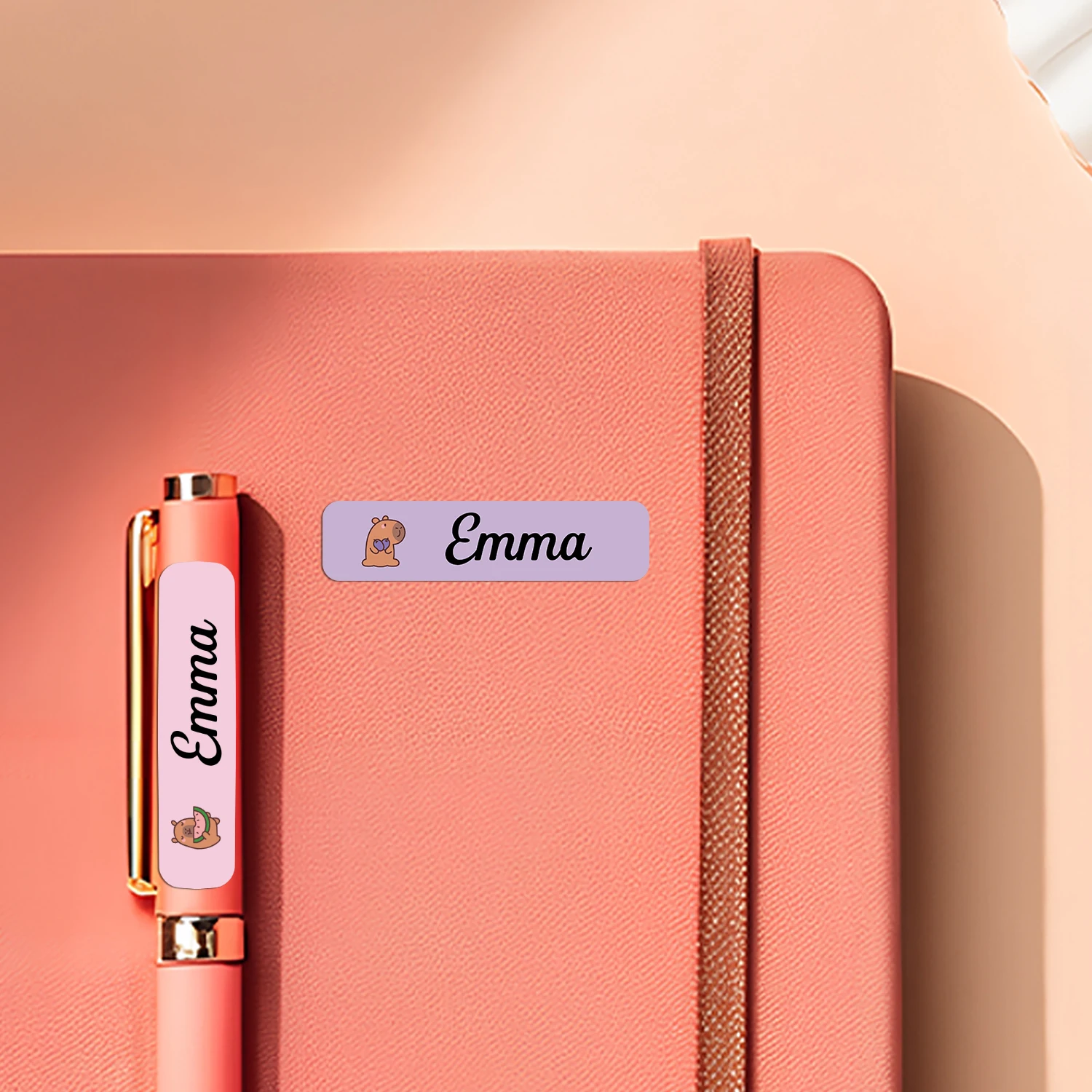 Etiquetas de Capibara con nombre personalizado a prueba de agua, etiquetas adhesivas para niños, cuaderno de notas de lácteos personalizado, caja de almacenamiento de juguetes, suministros para biberones