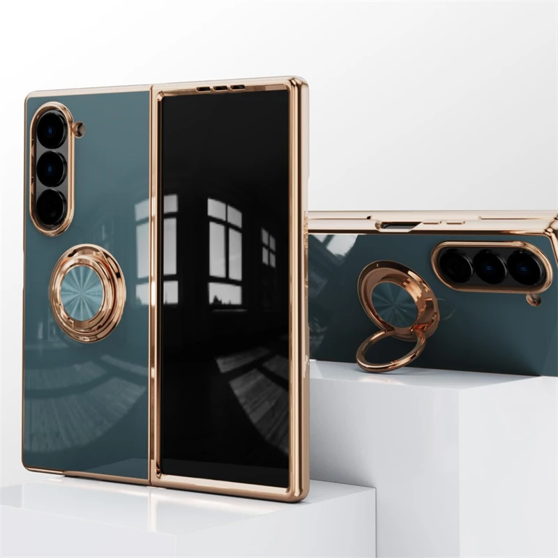 Luxury Plating Silicone Shockproof Bumper Case for Samsung Galaxy Z Fold 7 6 5 4 ZFold Fold6 Fold5 Fold4 Cover with Ring Holder