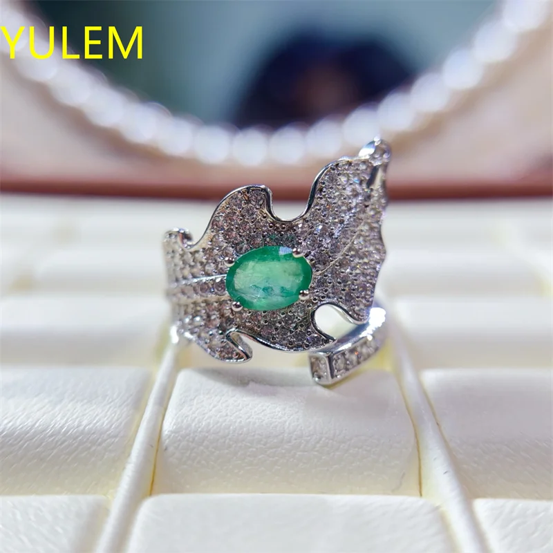 YULEM Fine Silver Natural Emerald Rings for Women5x7mm Natural Emerald Solid 925 Silver Emerald Jewelry