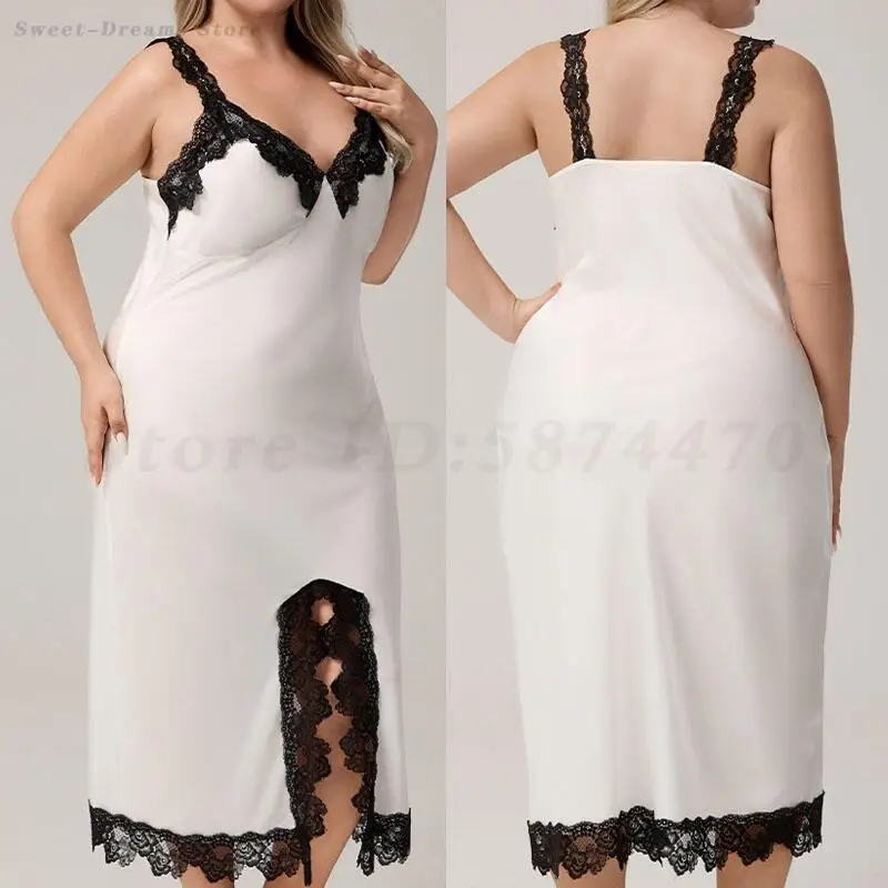 

Plus Size 5XL Sexy Suspender Nightgown Sleepwear Lace Split Nightdress Intimate Lingerie Nightwear Summer Loose Satin Home Dress