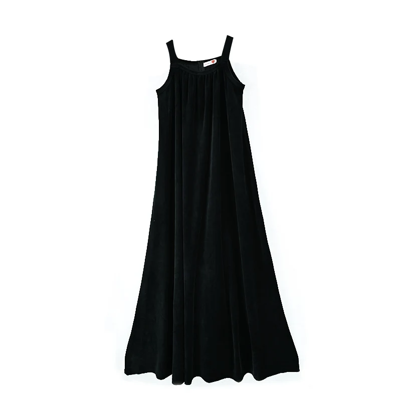 Ärmelloses Maxikleid für Teenager-Mädchen, Schwarz, Velours und geripptes Oberteil mit Stehkragen, bequeme Passform, lässiges Maxikleid, Größen XS-3XL – Detail 6