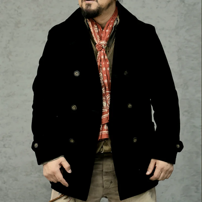 Men\'s Pea Coat Corduroy Mid-Length Heavyweight Double-breasted Black Military Safari Sack Suit Autumn Winter Vintage Jacket