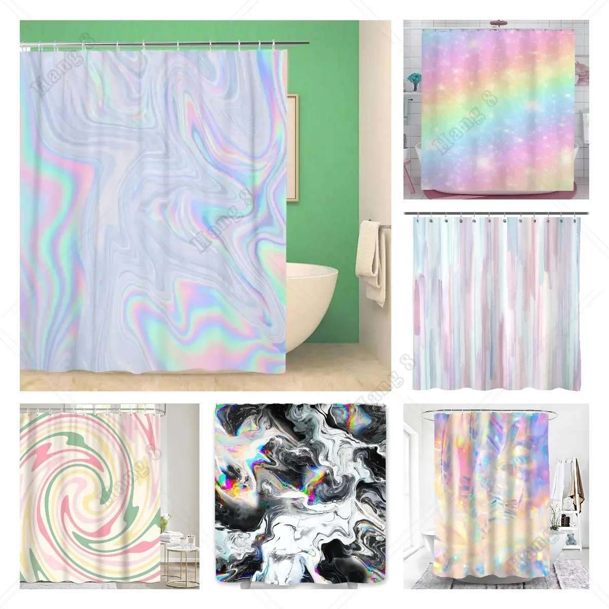 

Bathroom Shower Curtain Holographic Abstract In Pastel Neon Color for Your Modern Polyester Fabric 72x78 Inches Waterproof Decor