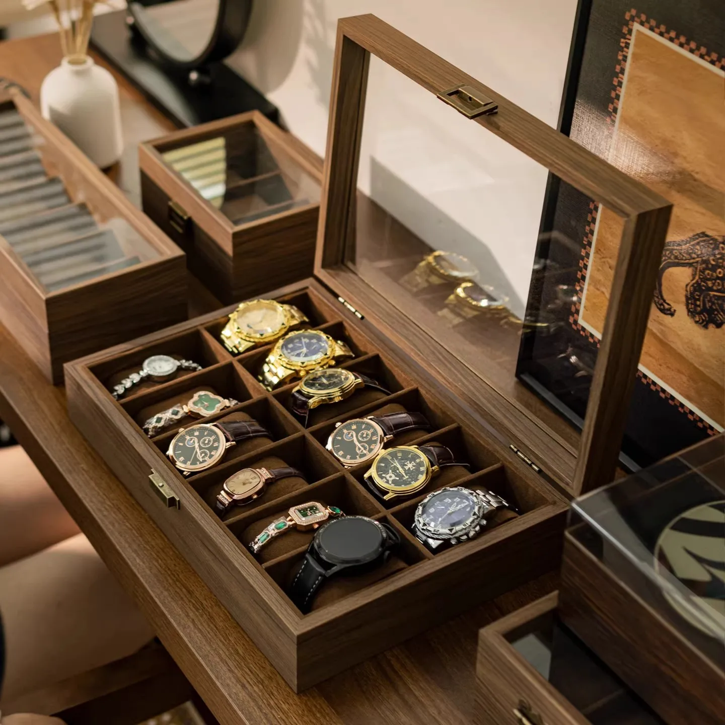 Luxury Black Walnut Grain Watch Storage Box Multi Grid Transparent Lid Wooden Household Wristwatch Display Sorting Organizer