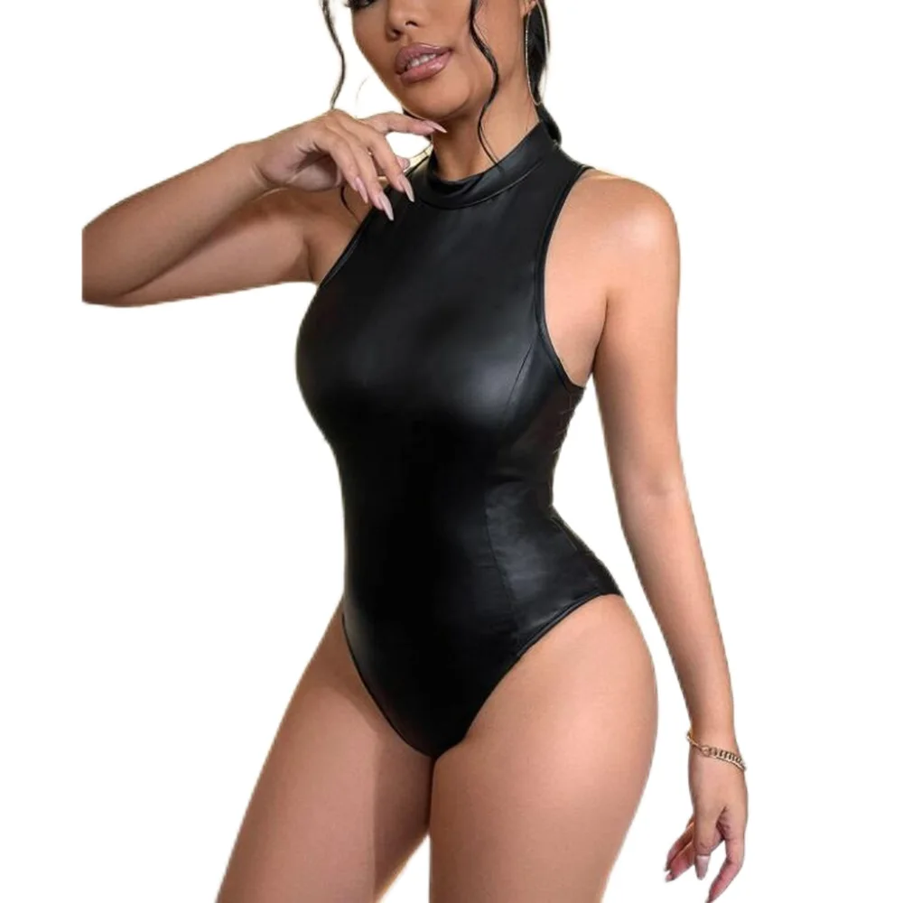 Women's PU Leather Leotard Bodysuit, Stretch Faux Leather, High Cut Catsuit, Mock Neck, Sleeveless, One-piece, Clubwear