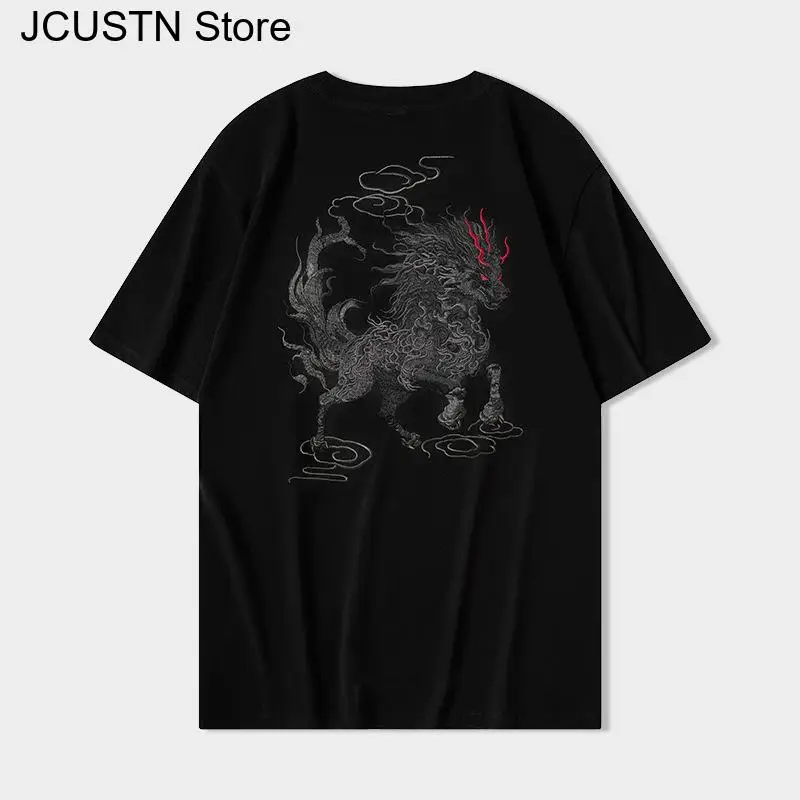 

2025 мужская футболка с вышивкой китайского дракона, летняя футболка с коротким рукавом, хлопковые топы, футболка в стиле хип-хоп, уличная одежда, футболки в стиле Харадзюку