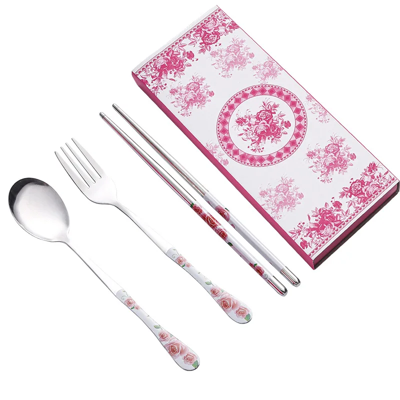 Chinese Style Creative Stainless Steel Tableware Gift Fork Spoon Chopsticks Flower Pattern Travel Portable Dinnerware 3PCs/Set