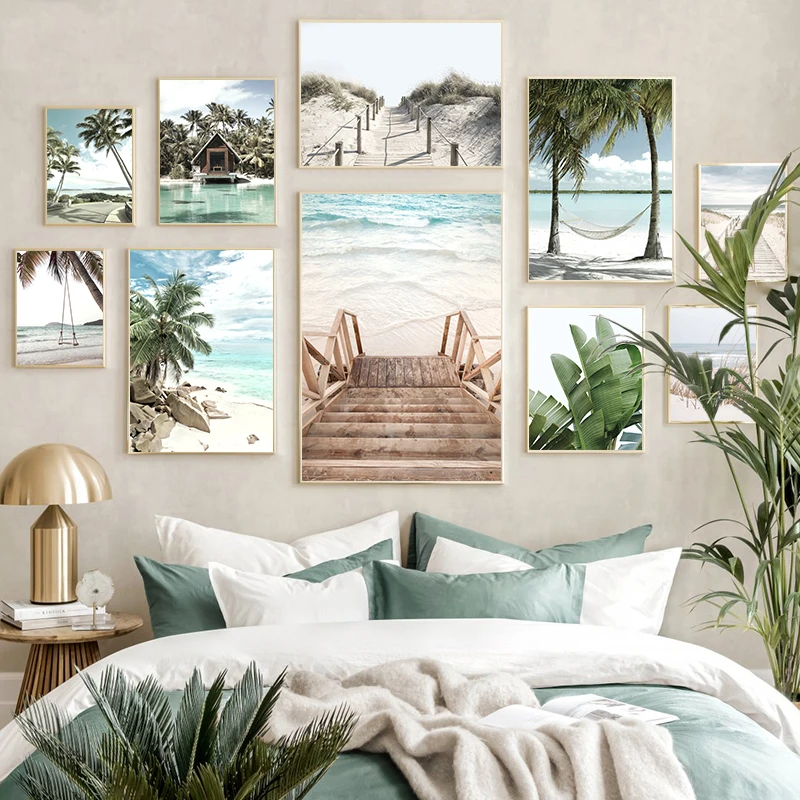 Tropical Beach Ocean Palm Tree Banana Leaves Canvas Poster Holiday Chalet Stairs Print Picture Summer Seascape House Painting