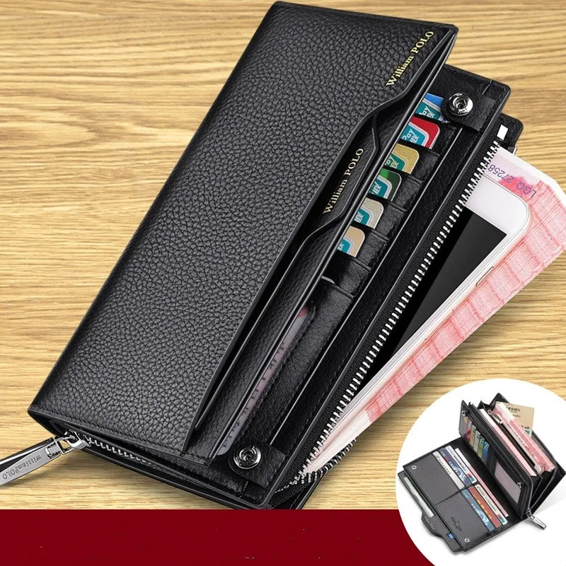 WILLIAMPOLO Men Wallets Brand Card Holder Male Purse genuine Leather Zippers Wallet Men Long Business Clutch carteira masculina