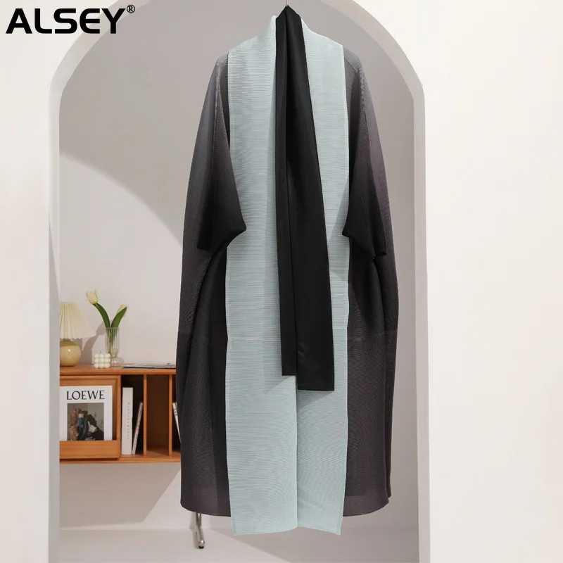 

ALSEY Miyake Pleated Gradient Trench Autumn New Fashion Batwing Sleeves Belt Gathered Waist Windbreaker Dresses for Women