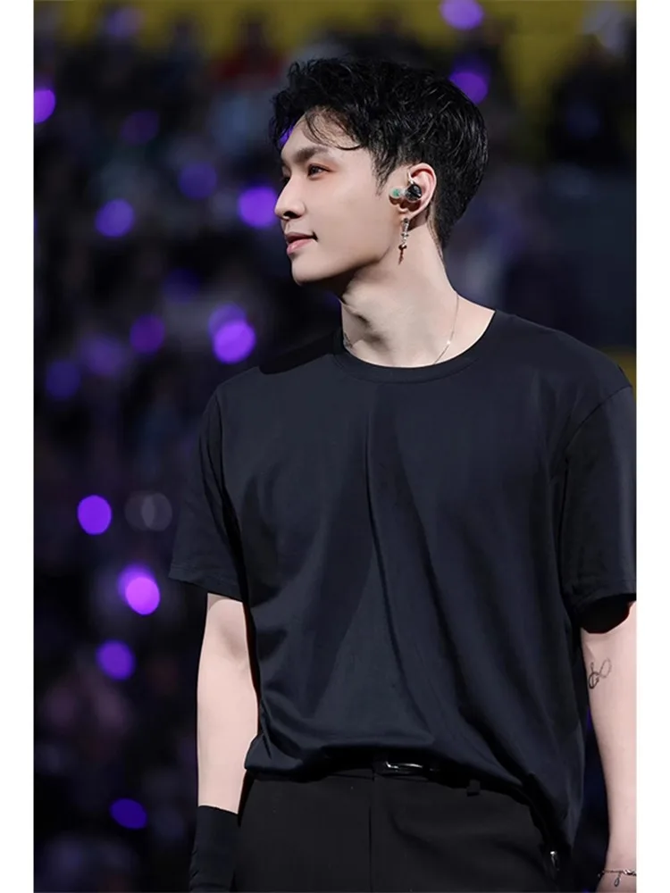 

Мужская черная футболка Zhang Yixing с коротким рукавом, из чистого хлопка, повседневная, летняя, с круглым вырезом, стандартный крой