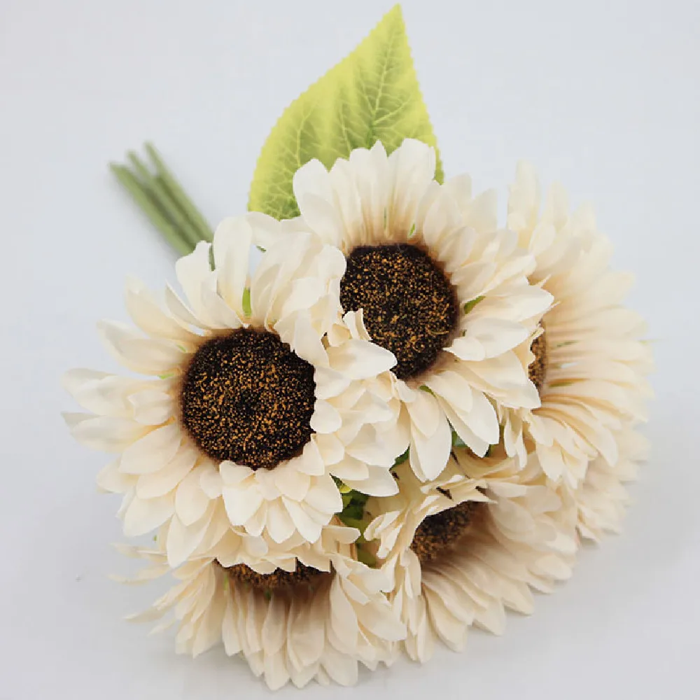 Artificial Silk Sunflower with Stem, White Sunflowers, Fake Flowers, Vintage Fall, Decorations for Home, Wedding Part, 6Pcs