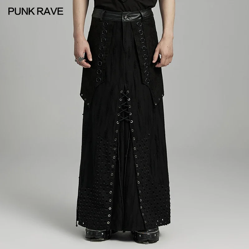 

PUNK RAVE Men's Punk Layered Iron Ring Heavy Industry Skirt Personality Creativity Irregular Splicing Streetwear Casual Pants