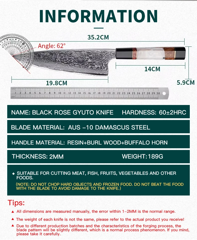 FINDKING Knife Black Rose Series 8 Inch Japanese Gyuto Knife AUS 10 Damascus Steel Rose Pattern Professional Resin Kitchen Chef Knives