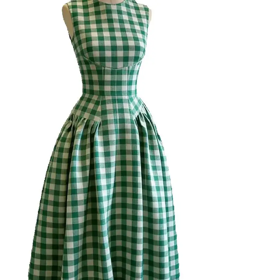 Mint Green Grid Elegant Sleeveless Dress For Women'S Summer Niche Retro Temperament Slim Fit Long Skirt - Image 5