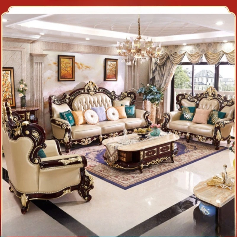 European leather combination leather sofa red sandalwood double-sided carved U-shaped solid wood sofa