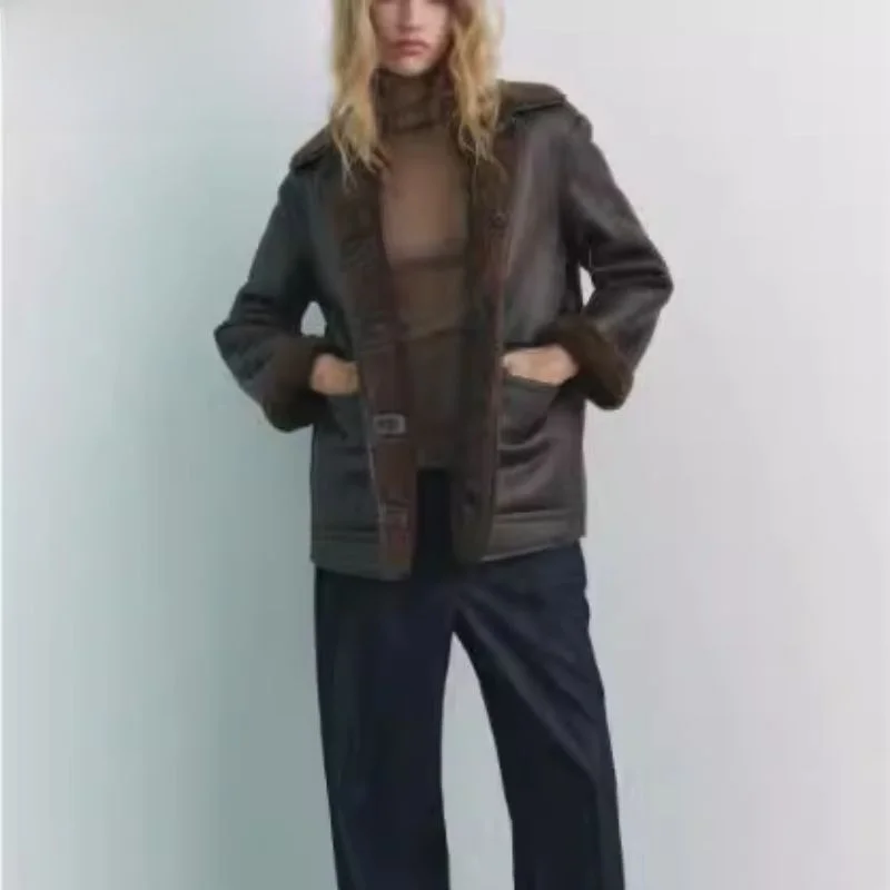 Abrigo de cuero de doble cara para mujer, moda Otoño Invierno, abrigo ueso de manga larga con cierre de botones, Color puro...
