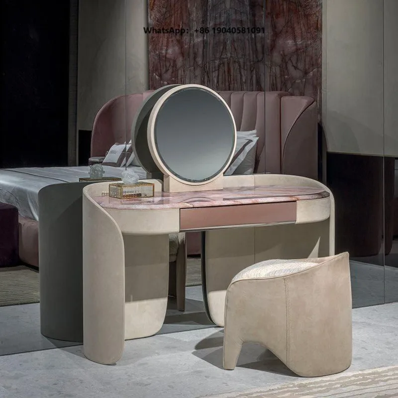 Modern Vanity Table with Circular Mirror and Soft Pink Marble Top for Elegant Girls Bedrooms  Dressing Make-up  Table
