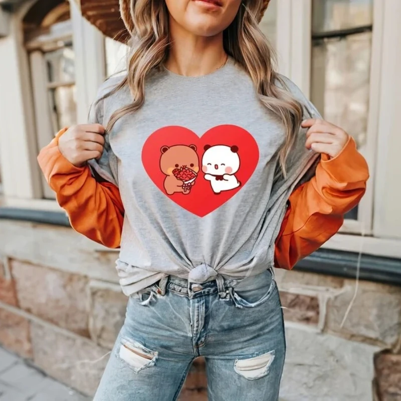 Cute Couple Love Bubu and Dudu Panda Bears Kawaii Shirt Crewneck casual style  All-match printed T-shirt tops Adult Short-sleev