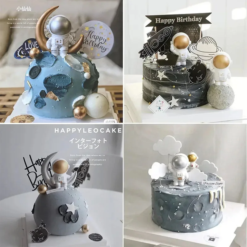 Astronaut Cake Topper Outer Space Birthday Party Decoration Spaceman Figurine Planet Moon Ornaments Cupcake Dessert Decor Set