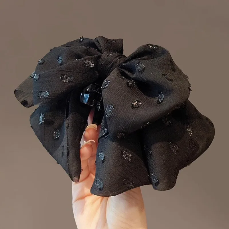 

Vintage Black Chiffon Polka Dot Bow Hair Claw 1Pc Multi Layer Hair Clip for Women Cute Non Slip Strong Hold Lightweight Daily