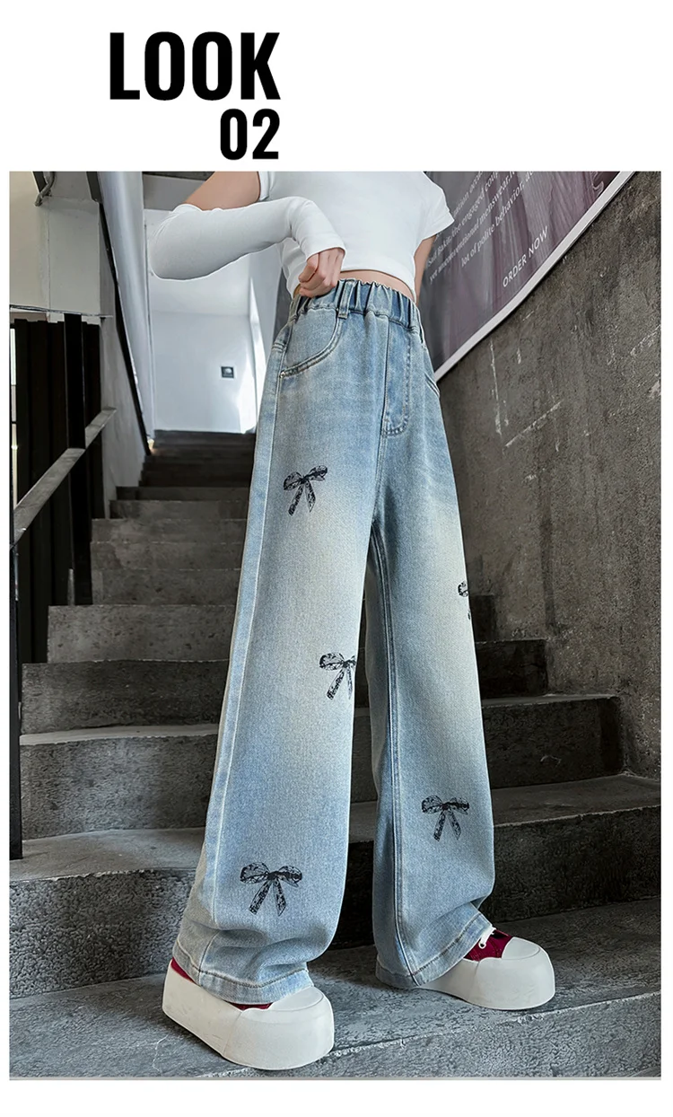 Neue Frühlings- und Herbst-Kinderjeans mit Schleifen für Mädchen, High-Street-Denimhosen mit geradem Schnitt für Teenager, lässige Kinderjeans, Hosen 5-14 Jahre – Detail 4