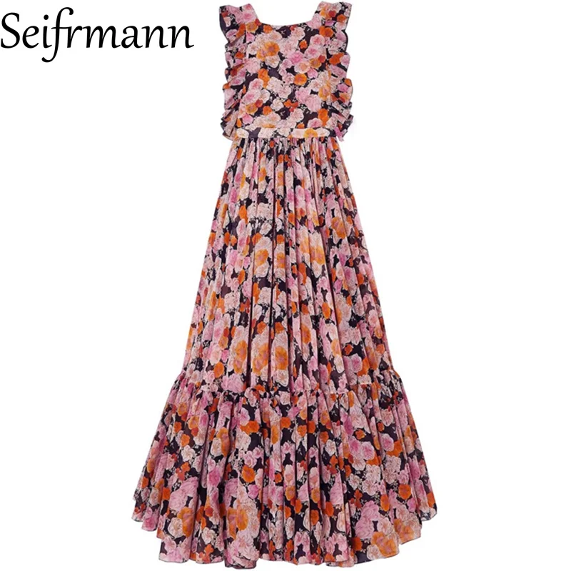 Seifrmann Elegancka damska sukienka na imprezę z kwiatowym nadrukiem i kwadratowym dekoltem z falbanami Sukienki z wysokim stanem