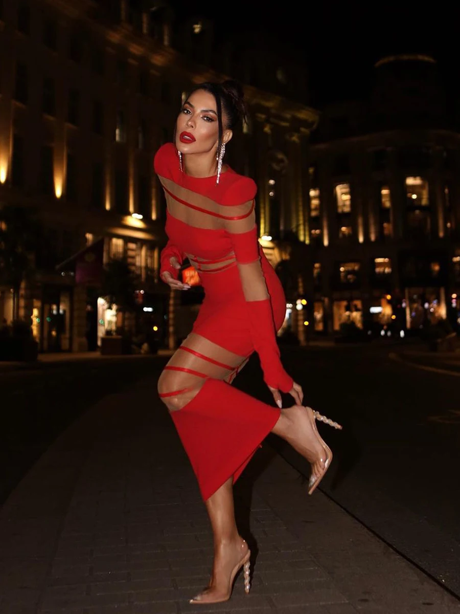 Feminino 2025 sexy manga longa malha tornozelo comprimento vestido celebridade sheer elegante cortar detalhes para festa noite clube vestido