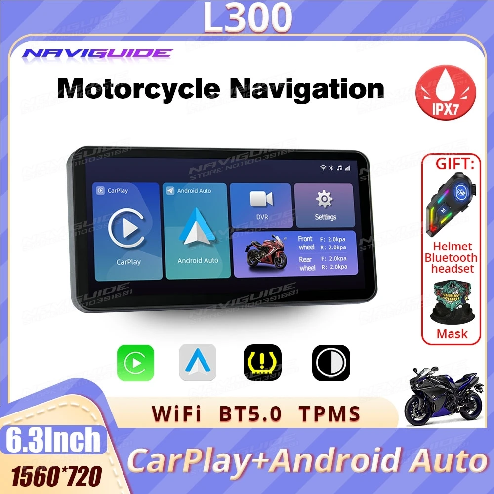 

NAVIGUIDE L300 6.3'' Linux carplay motorcycle Wireless CarPlay&Android Auto Portable Moto LCD Display IPX7 WiFi 1560*720 BT 5.0