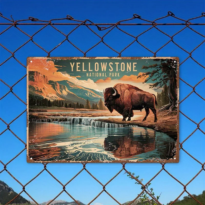 Vintage Yellowstone National Park Wall Art Sign - Bison & Mountain Landscape Poster, Rustic Indoor/Outdoor Decor for Home