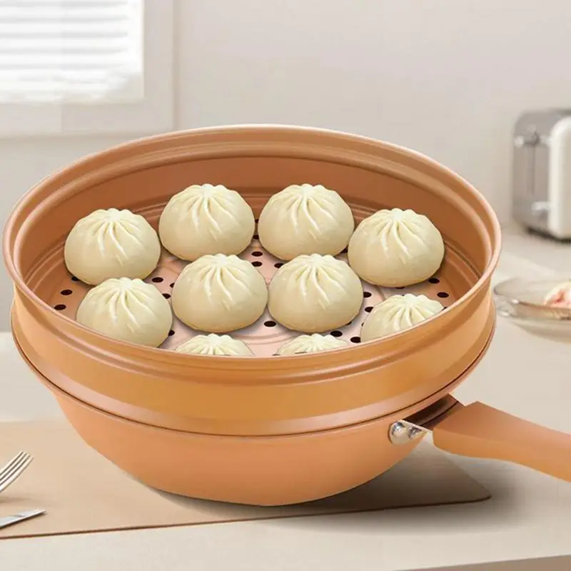 Wok de hierro con tapa, sartén Wok de arcilla antiadherente con cesta de vapor, Wok de presión Miccro, sartén multifuncional para el hogar, fondo plano